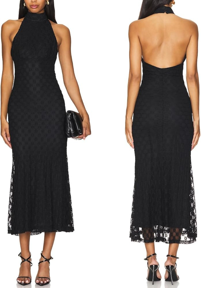 JLCNCUE Women's Elegant Halter Neck Floral Lace Mermaid Maxi Dress Sleeveless Open Back Cocktail ... | Amazon (US)