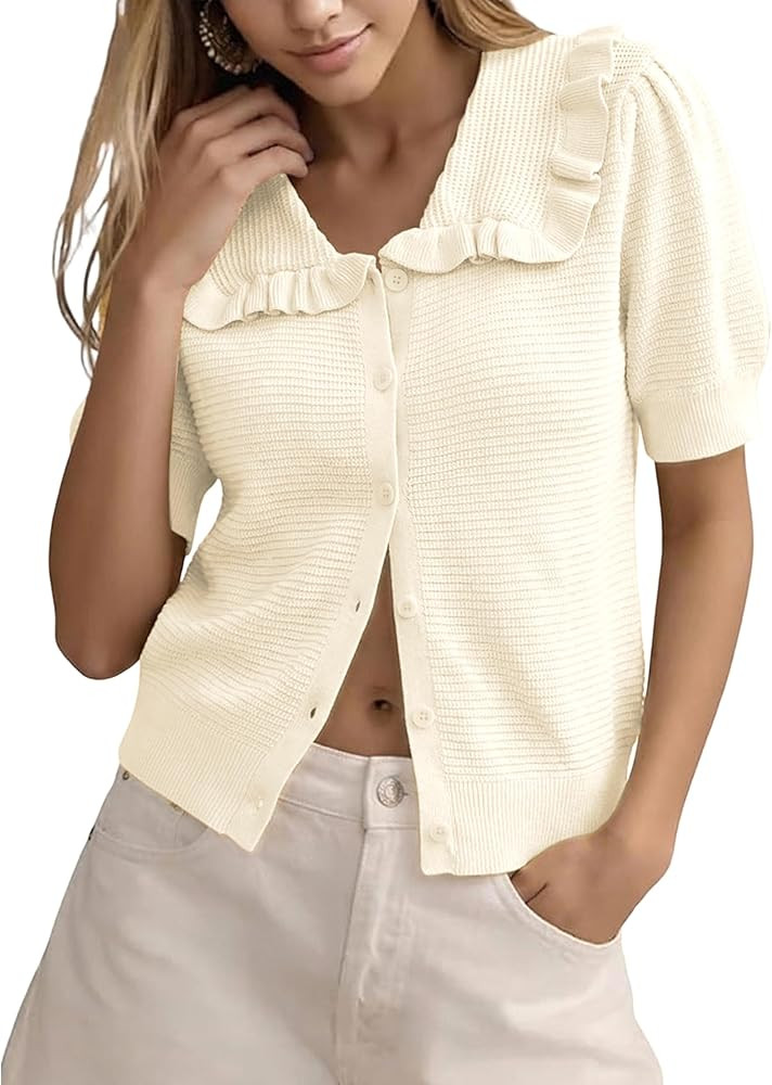 Watashi Womens Short Sleeve Sweaters Casual Button Down Ruffle Collared Puff Sleeve Knit Spring S... | Amazon (US)