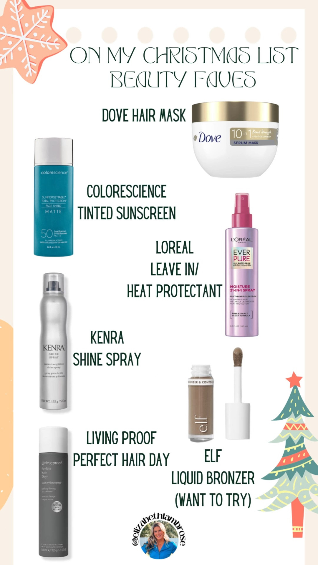 my favorite beauty items on my christmas  list!! most of these are tried and true, I will purchase these over and over! 
love the dove mask, makes my hair so soft!!
the l’oréal leave in and heat protectant detangles my hair and makes it so soft and smooth!! they are a great combo!!


#LTKGiftGuide #LTKHoliday #LTKBeauty