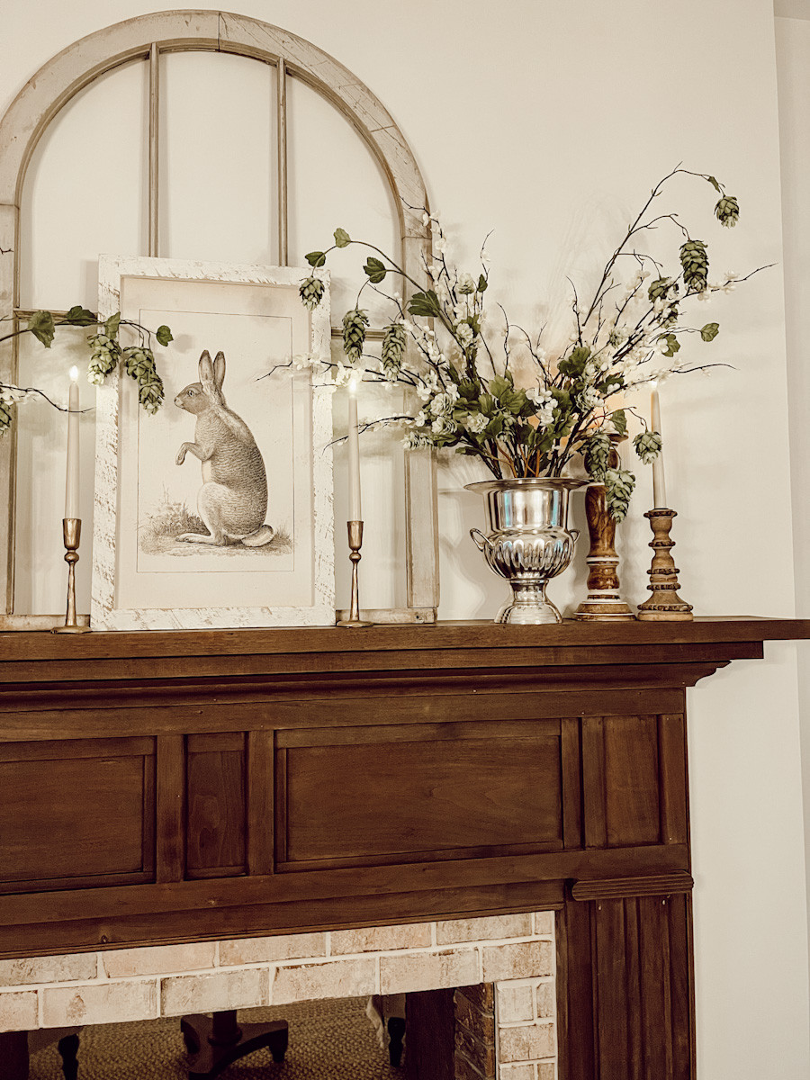Here are some items to inspire your Spring fireplace mantel. We always add a few seasonal faux greens and a few pieces to add extra height, including our framed rabbit print from Antique Farmhouse and these taper candles.  

 #LTKSeasonal #LTKHome