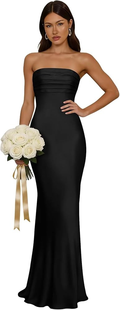 Eightale Satin Strapless Bridesmaid Dress Long Mermaid Ruched Formal Evening Gown | Amazon (US)