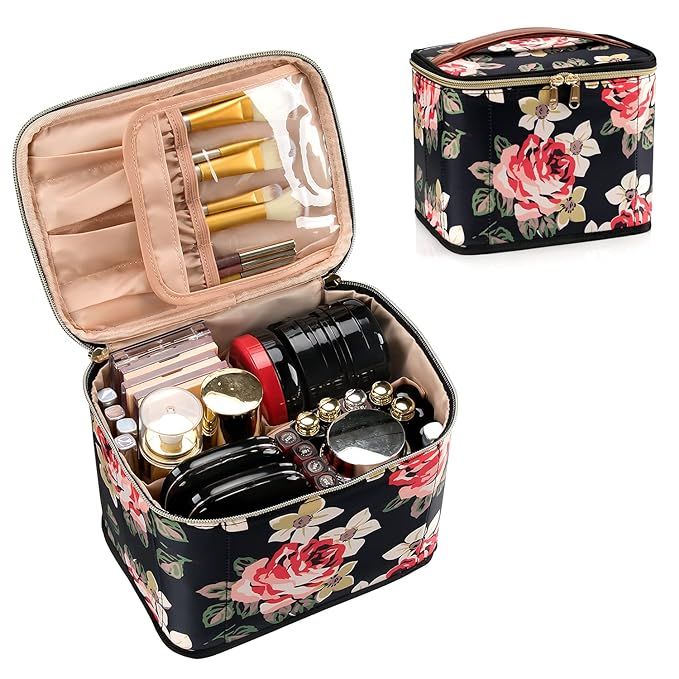 Floral Makeup Bag, Travel Small Cosmetic Bag, Makeup Case Organizer Large Capacity Foldable Verti... | Amazon (US)