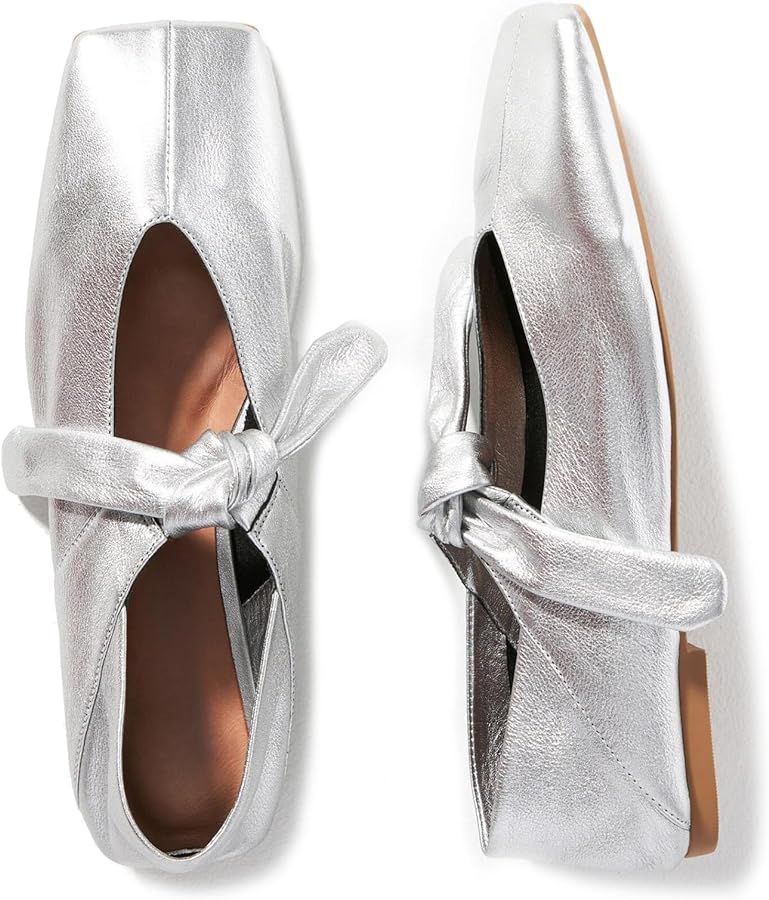 Silver Bow Ballet Flats Shoes for Women Bow Tie Slip On Mary Jane Flats Square Toe Casual Dress B... | Amazon (US)