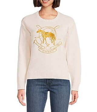 Lauren Ralph Lauren Knit Embroidered Horse Motif Crew Neck Long Sleeve Sweater - L | Dillard's