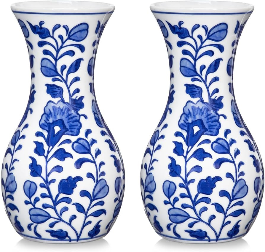 Small Blue and White Vase, 2-Pack 6 Inch Bud Ceramic Flower Vase, Retro Chinoiserie Vases for Fre... | Amazon (US)