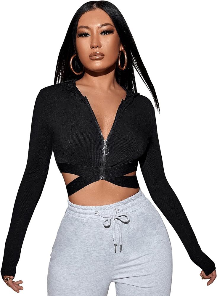 SweatyRocks Women's Full Zip Long Sleeve Cut Out Slim Fit Hooded Jacket Crop Top | Amazon (US)