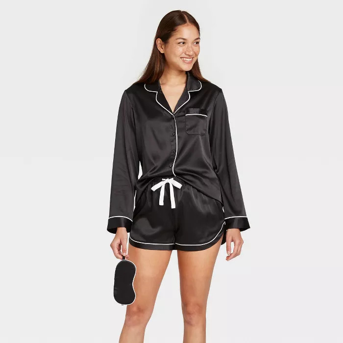 Women's 3pc Satin Long Sleeve Notch Collar Top and Shorts Pajama Set with Eye Cover - Stars Above... | Target