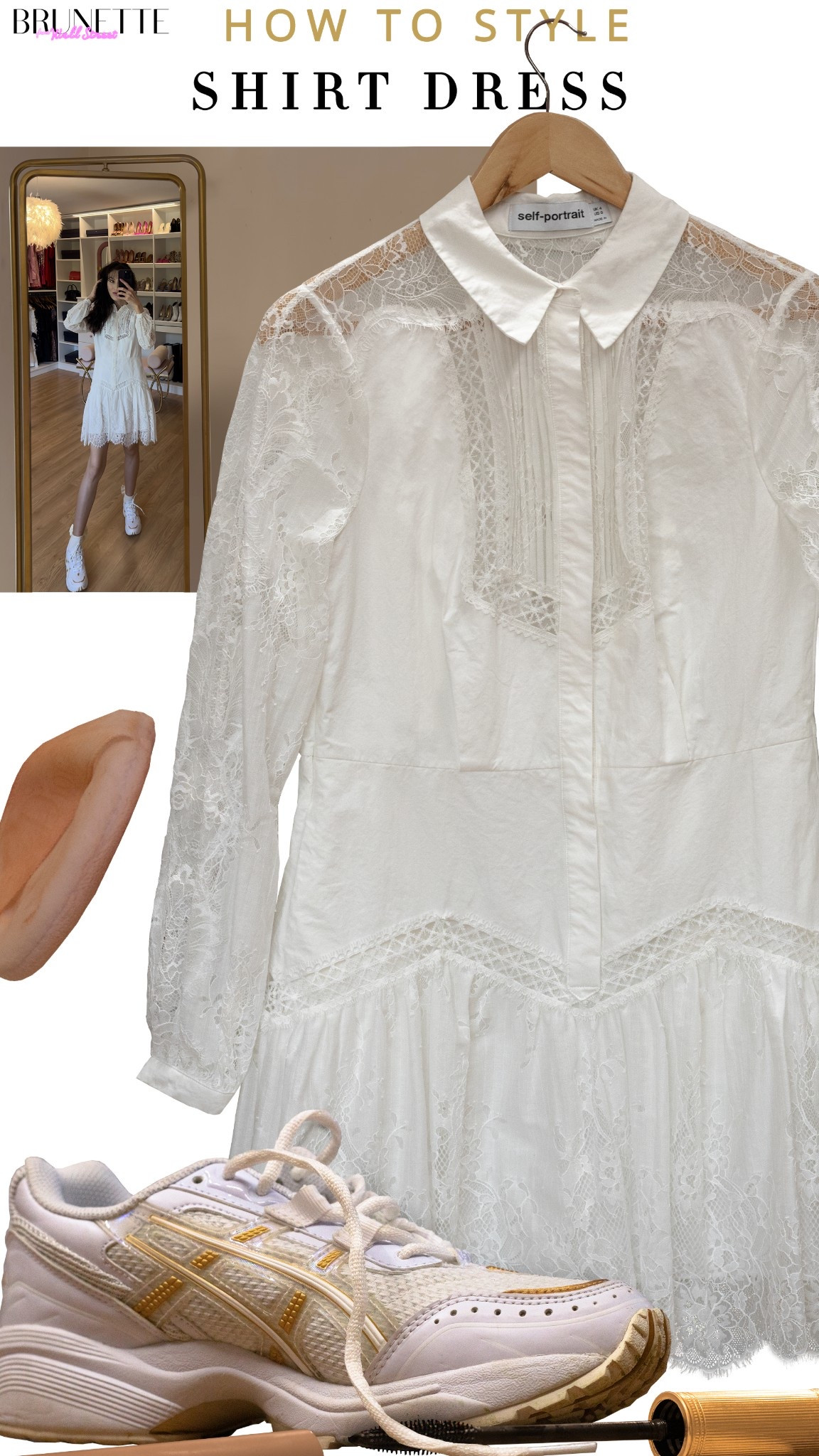 White lace shirt dress, self portrait shirt dress styling, romantic shirt dress outfit, button down shirt dress with sneakers, sneakers with shirt dress, casual date outfit, casual shirt dress outfit, mascara, asics sneakers

#LTKPetite #LTKShoeCrush #LTKSummerEdit