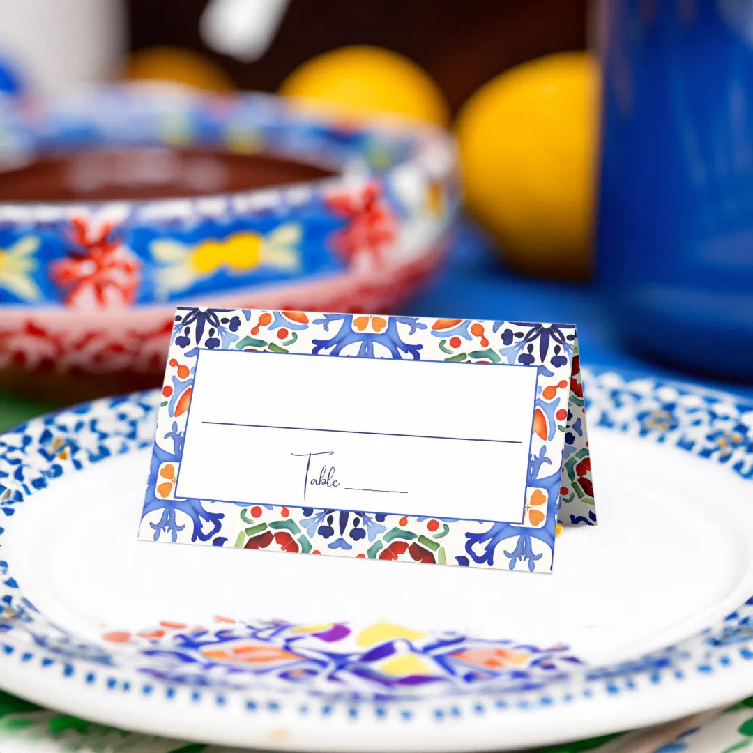 Blue Mexican colorful tiles bridal shower printed Place Card | Zazzle | Zazzle