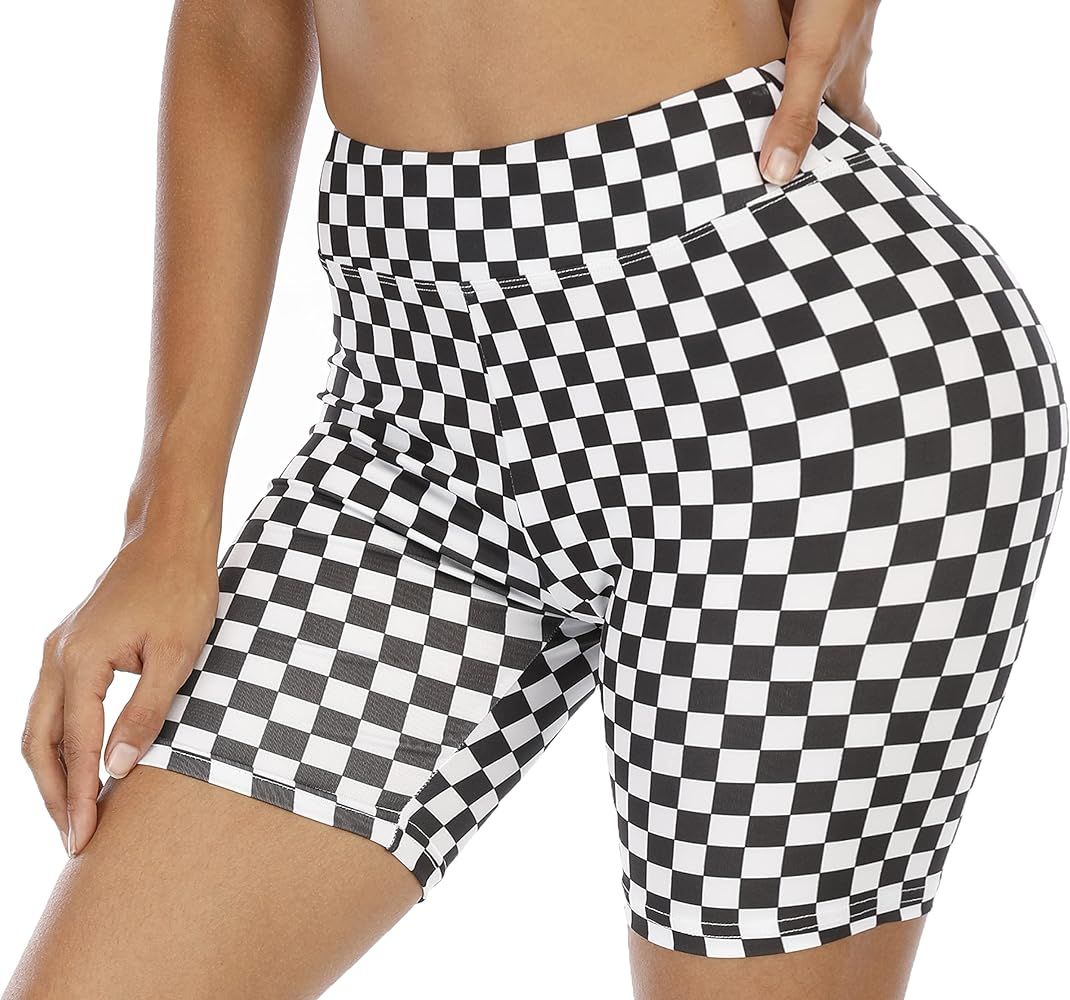WSPLYSPJY High Waist Biker Yoga Shorts for Women's Black and White Checkered Shorts Athletic Shor... | Amazon (US)