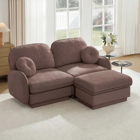 Mintazer Chenille Cloud Loveseat Sofa with Movable Ottoman and Round Pillows, L-Shaped Ergonomic Sofa Couch for Living Room, Bedroom, Rose Dust | Walmart (US)