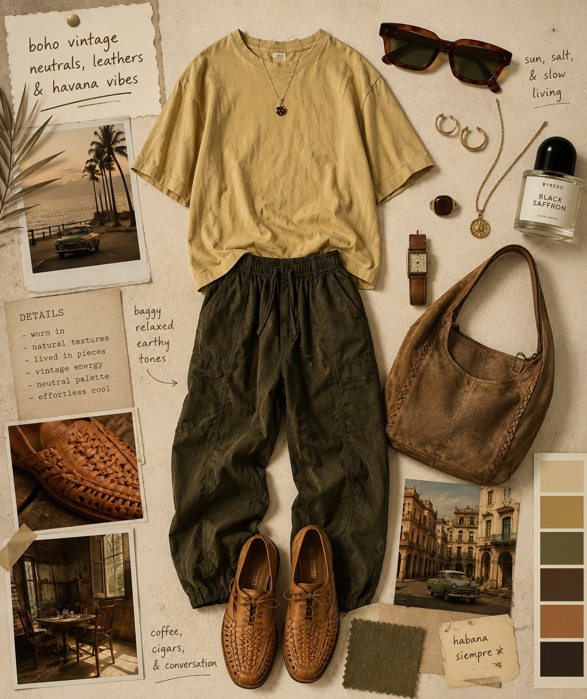 summer beach vacation outfits but make it earthy, vintage, and a little Havana-inspired ☀️🤎

Loving this mix of washed neutrals, worn leather textures, oversized silhouettes, and relaxed boho styling lately. The muted mustard tee + olive parachute pants + woven leather shoes feel very retro Havana meets coastal creative.

This is the kind of outfit I want to live in all summer:
• easy oversized layers
• vintage wash neutrals
• artisanal leather details
• effortless resort energy
• relaxed boho silhouettes

Perfect inspo for:
summer outfits • vacation outfits • beach vacation style • resort wear • boho fashion • neutral outfit ideas • vintage inspired outfits • coastal boho • relaxed luxury • retro style • earthy fashion • Havana style • capsule wardrobe neutrals

#SummerOutfits #BeachVacationOutfits #BohoStyle #NeutralStyle #VintageStyle #VacationStyle #LTKStyle #PinterestFashion #CoastalBoho #EarthyStyle #ResortWear #RetroStyle #HavanaVibes #BohoOutfitIdeas #TallGirlStyle

#LTKTall #LTKPlusSize #LTKootd