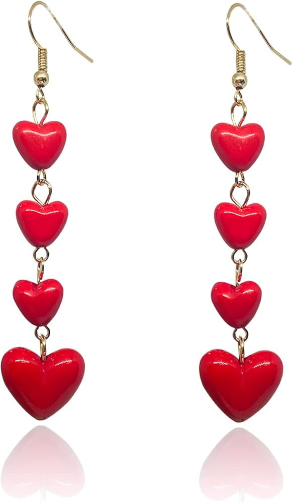 Fashion Cute Red Heart Dangle Drop Earrings Bohemian Long Tassel Multilayer Hearts Chain Earrings... | Amazon (US)
