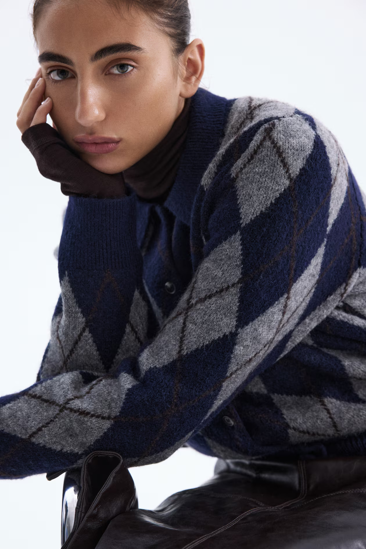 Cardigan with Collar - Navy blue/argyle pattern - Ladies | H&M US | H&M (US + CA)