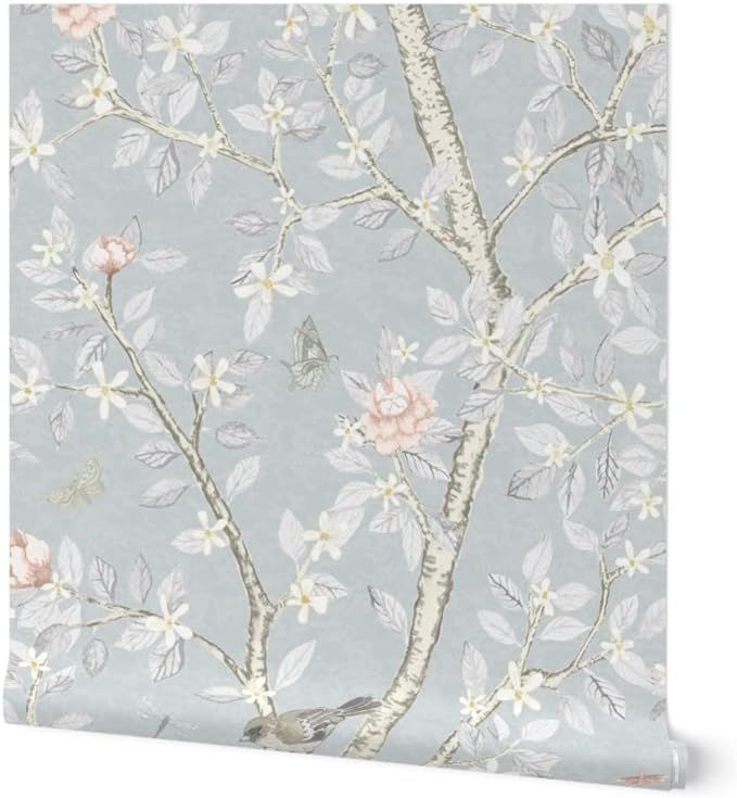 Spoonflower Peel & Stick Wallpaper 6ft x 2ft - French Chinoiserie Soft Blue Grey Songbirds Delica... | Amazon (US)
