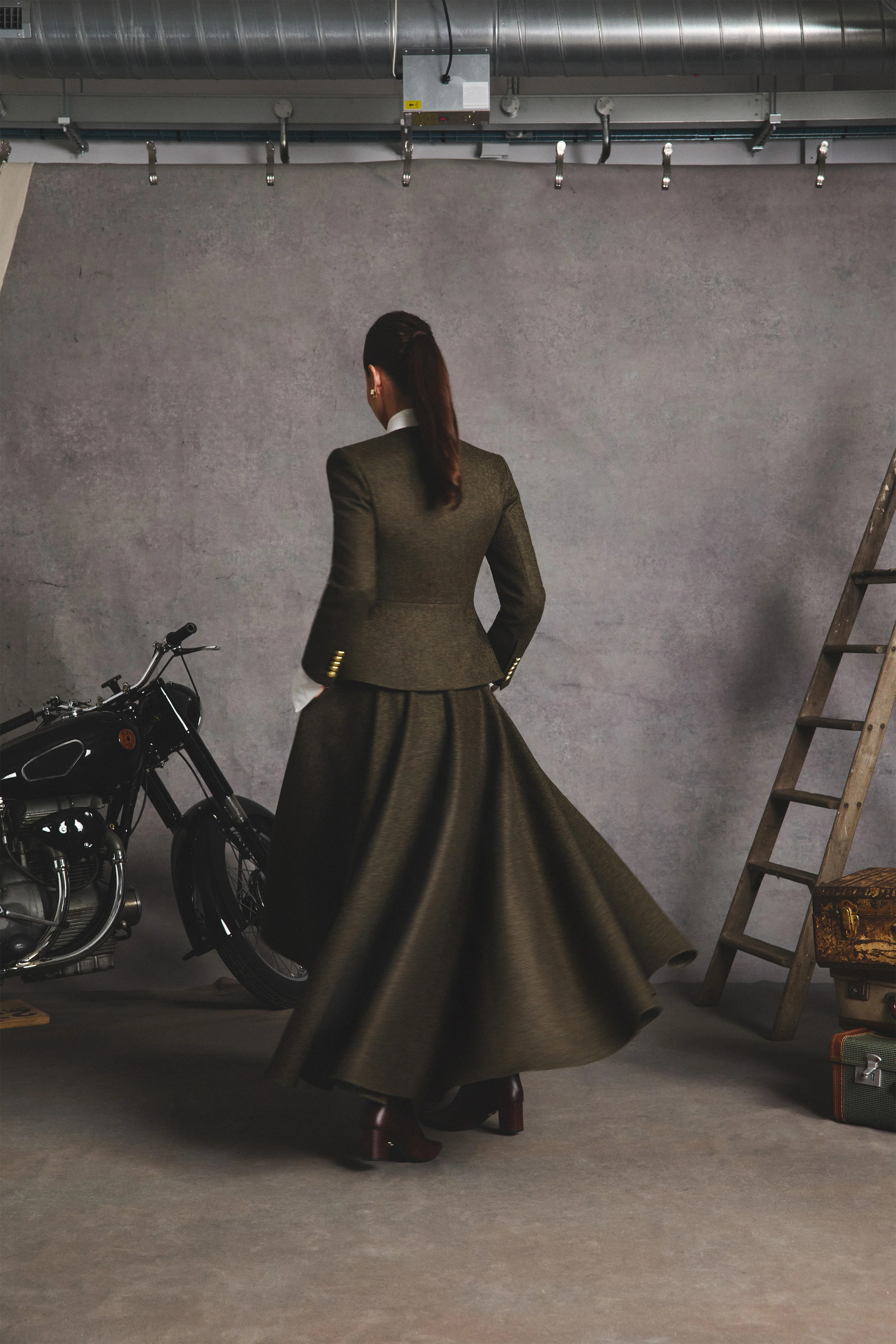 360 Maxi Tweed Circle Skirt (Dark Green Herringbone) | Holland Cooper