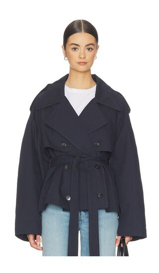 Elodie the Label Eleanor Cropped Trench Coat in Navy. - size XS | Revolve Clothing (Global)