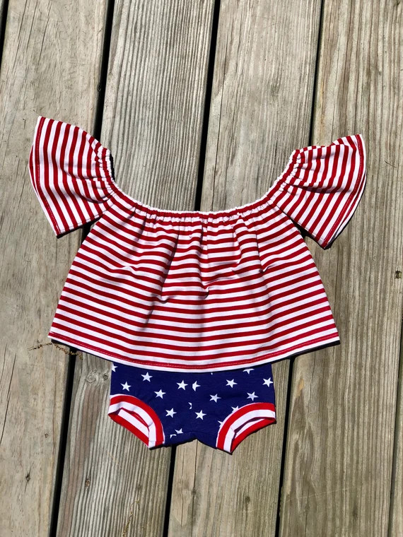 American Flag off Shoulder Top and Bummies Red Stripes Girls | Etsy | Etsy (US)