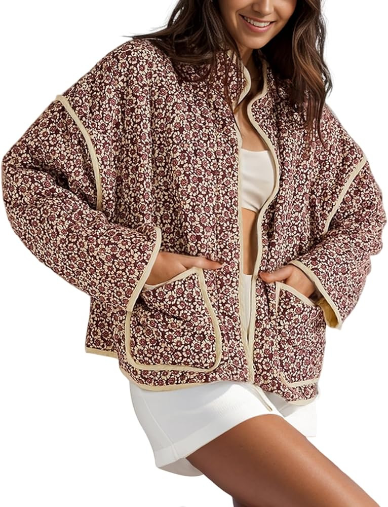 Arssm Women Floral Quilted Puffer Jacket Cropped Lightweight Patchwork Vintage Padded Short Coat ... | Amazon (US)
