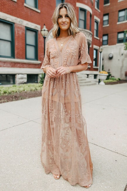 Reign Dusty Peach Lace Romper Maxi | Magnolia Boutique