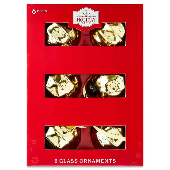 Gold Glass Ball Christmas Ornaments, 3", 6 Count, by Holiday Time | Walmart (US)