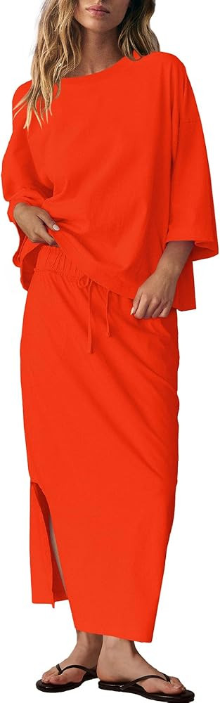 LAMISSCHE Skirt Sets Women 2 Piece Outfits Casual Lounge Set Back Vented Tops and Maxi Dress with... | Amazon (US)
