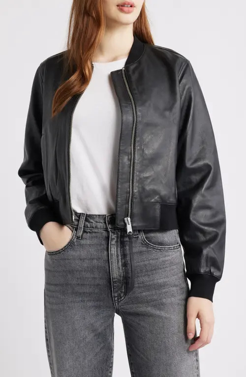 AllSaints Orten Leather Bomber Jacket in Black at Nordstrom, Size 8 | Nordstrom