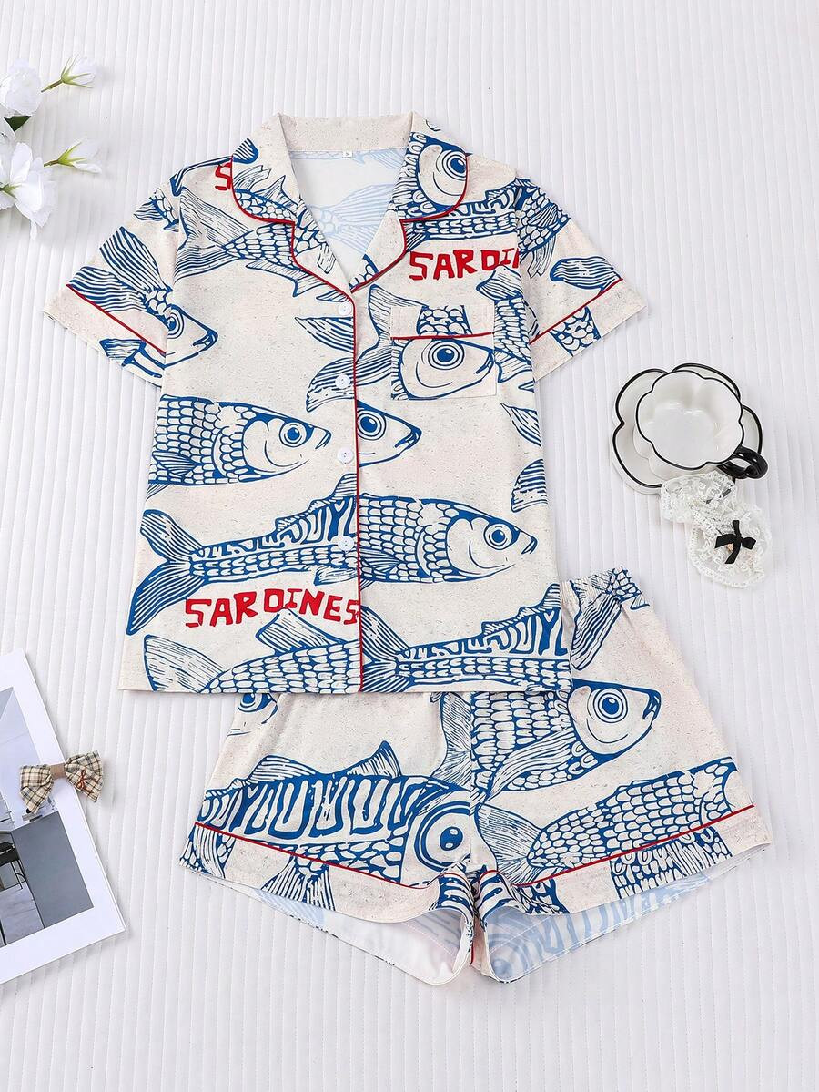 2pcs Women Pajama Set, Sardine Print, Ladies Homewear, Spring/Summer Holiday Outfit, Short Sleeve Lapel Top And Shorts Can Be Worn Outdoors | SHEIN