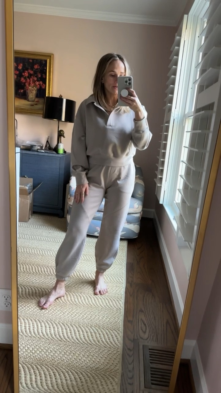 This matching sweat set is from Abercrombie. Size small in the pullover and size XS Short in the joggers. I’m going to size up to a Small in the joggers since the waistband is kinda tight. The material feels like the SPANX AirEssential! 

#LTKstyletip #LTKfitness #LTKSeasonal