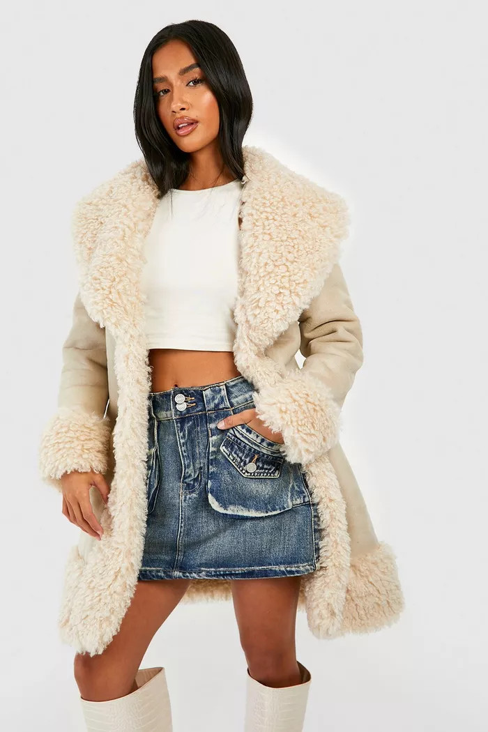 Petite Faux Fur Trim Coat | boohoo (US & Canada)