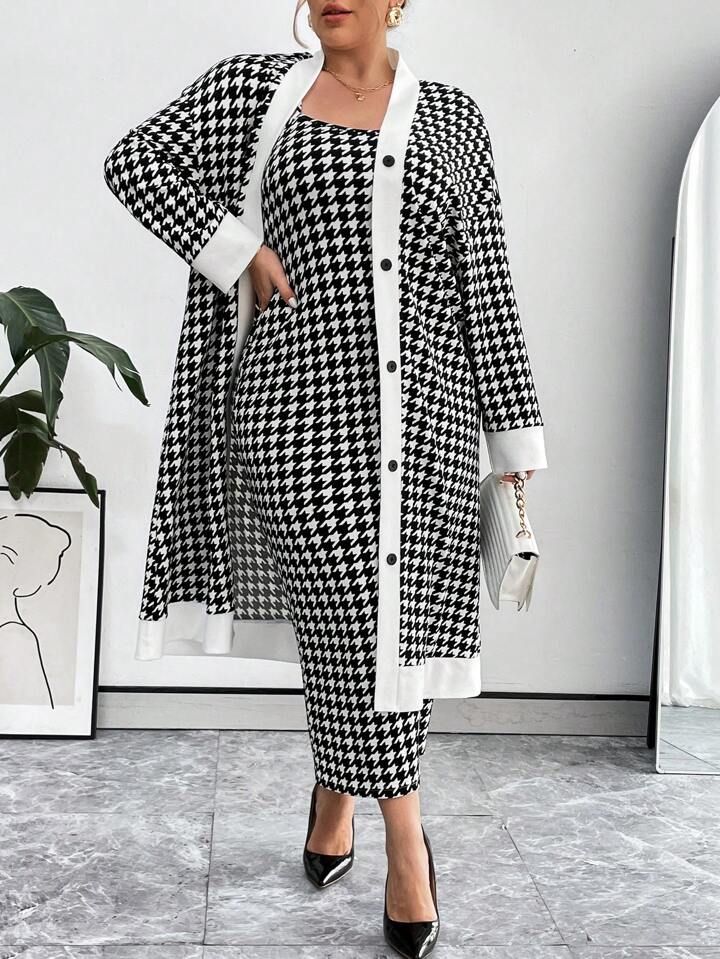 SHEIN Privé Plus Size Women's Houndstooth Button Up Coat And Cami Dress Set | SHEIN