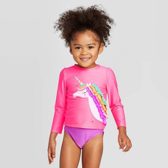 Toddler Girls' Ruffle Unicorn Long Sleeve Rash Guard Swimsuit - Cat & Jack™ Pink | Target