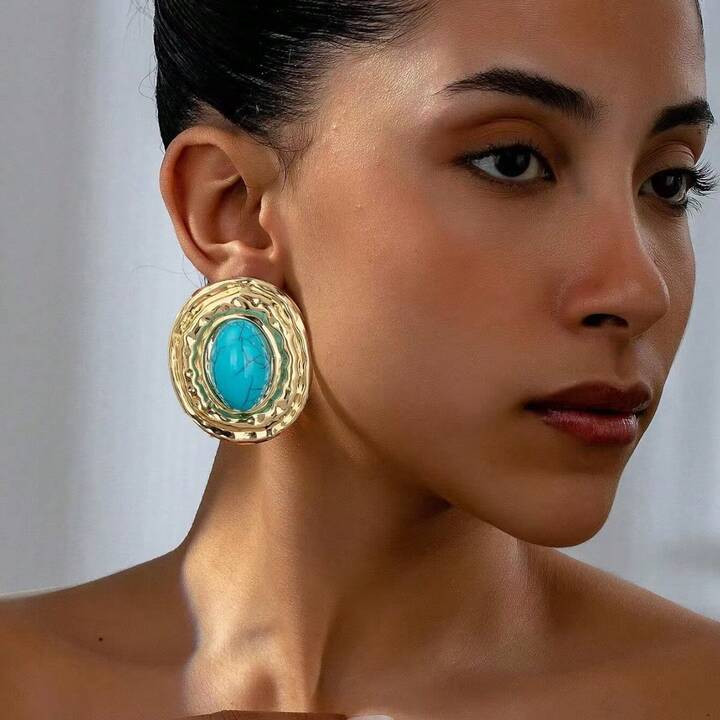 1 Pair Fashionable Vintage-Style Faux Turquoise Textured Oval Stud Earrings, Versatile And Simple... | SHEIN