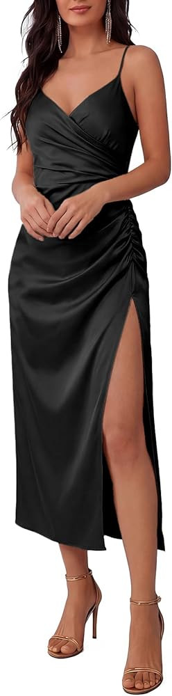 Women's Satin Wrap V Neck Spaghetti Straps Ruched Split Slit Midi Cocktail Dress | Amazon (US)