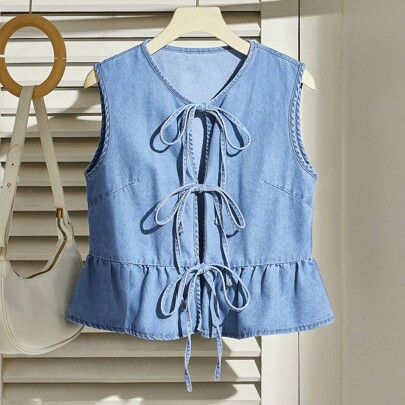 Women's Denim Waistcoat, Casual Tie-Up Bow Ruffle Hem Vest, Blue | SHEIN