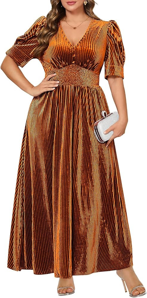 Pinup Fashion Velvet Wedding Guest Dress - Fall Formal Holiday V Neck Empire Waist Long Dresses | Amazon (US)
