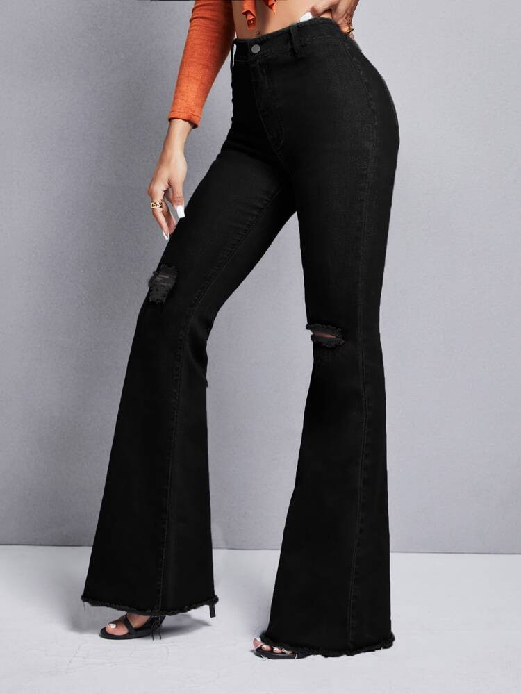 High Waisted Raw Hem Flare Leg Jeans | SHEIN
