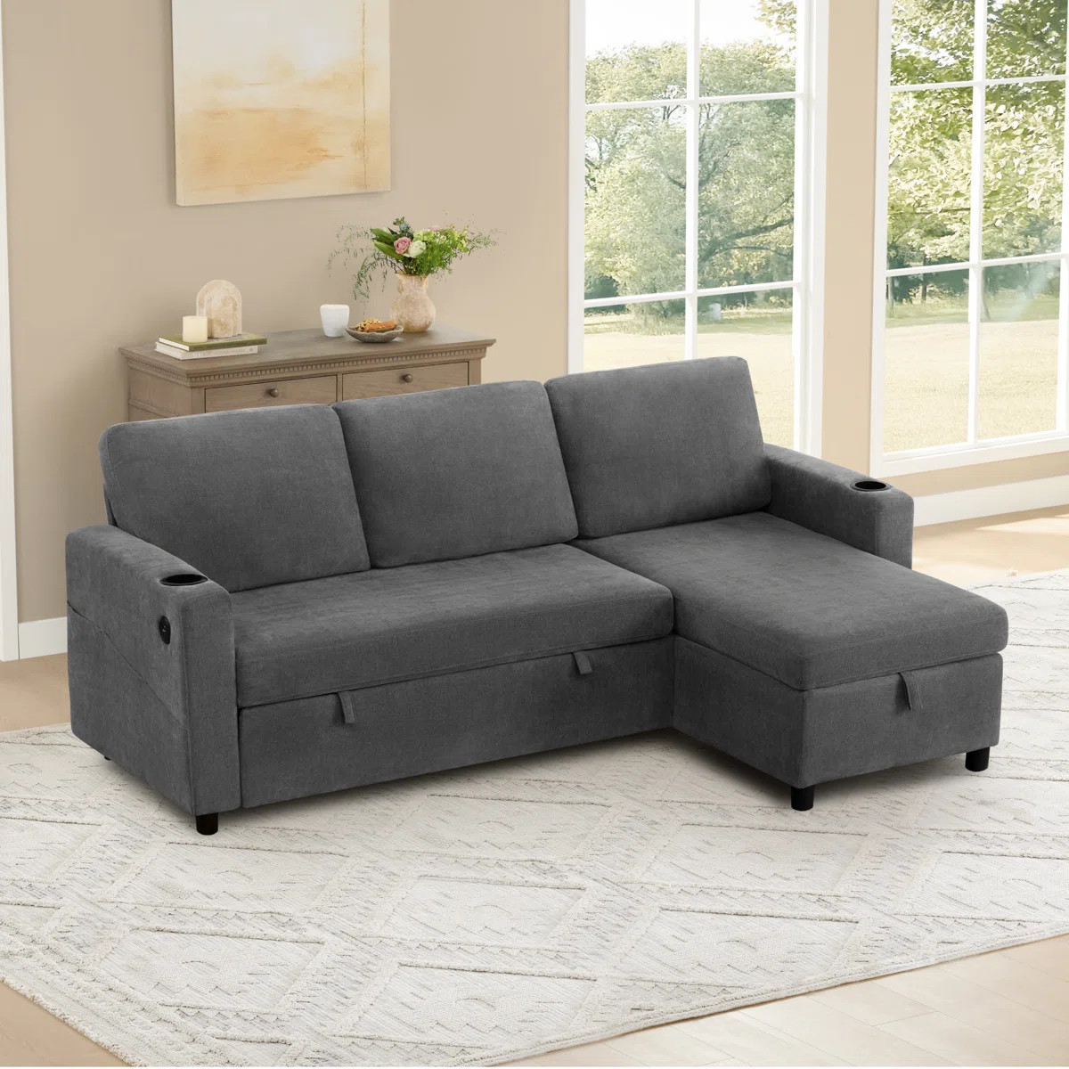 84" Modern 3-Seater Pull Out Sofa Bed L-Shaped Sofa Couch with Storage Chaise | Wayfair North America