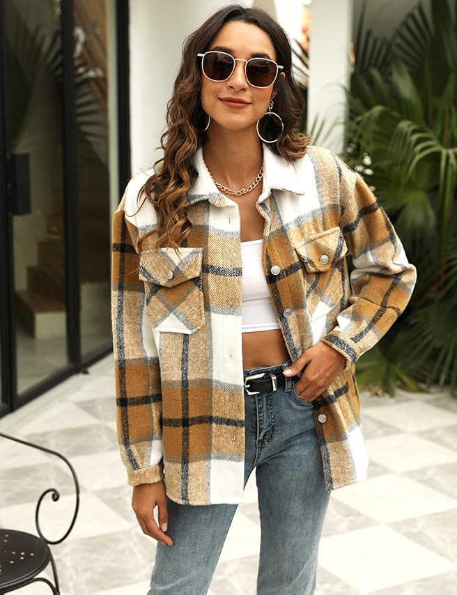 Amazon.com: Uaneo Womens Plaid Shacket Button Down Wool Blend Fall Flannel Shirt Jacket (Khaki-S)... | Amazon (US)