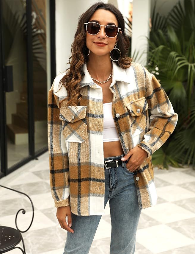 Amazon.com: Uaneo Womens Plaid Shacket Button Down Wool Blend Fall Flannel Shirt Jacket (Khaki-S)... | Amazon (US)