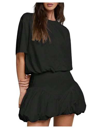 SOLY HUX Women's Bubble Mini Dress Short Sleeve Crewneck A Line Y2k Going Out Summer Dresses Plai... | Amazon (US)
