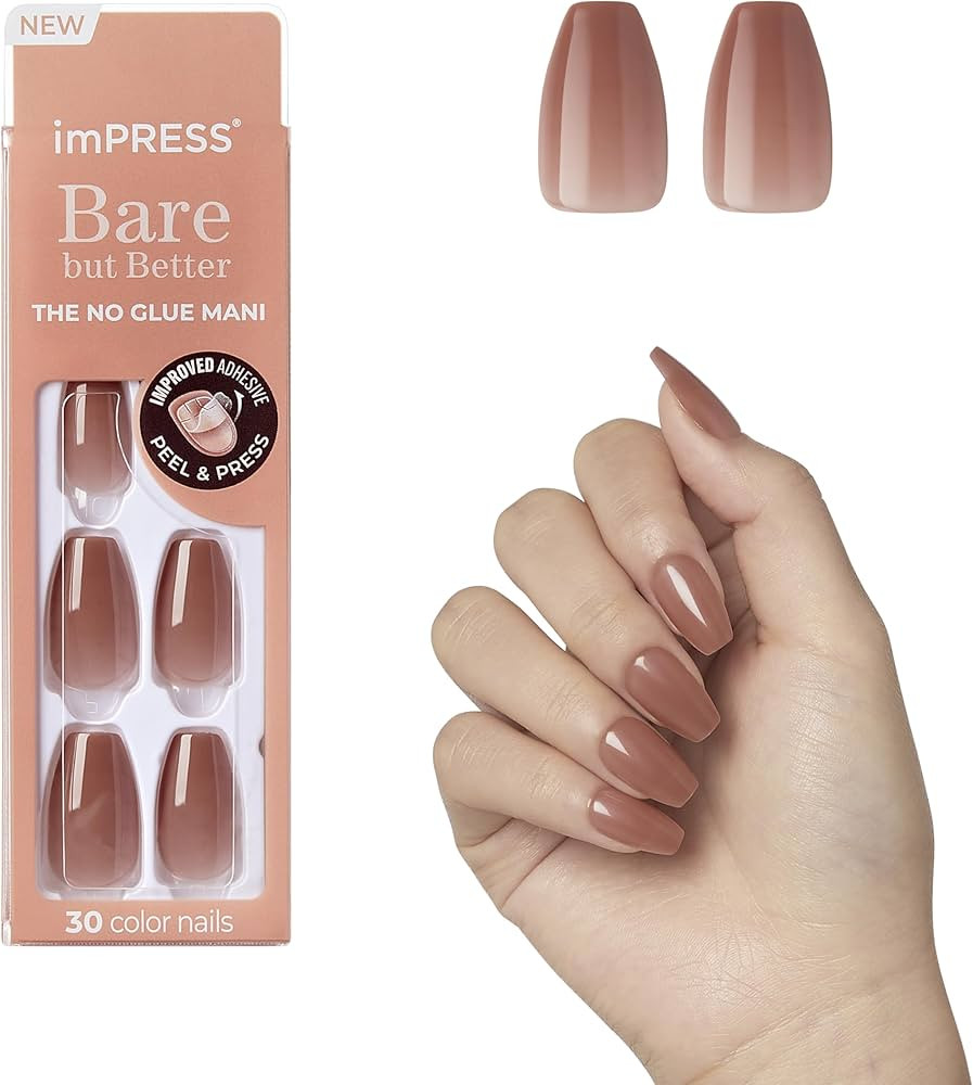 KISS imPRESS No Glue Mani Press On Nails, Bare but Better, 'Flare', Medium Neutral, Medium Size, ... | Amazon (US)