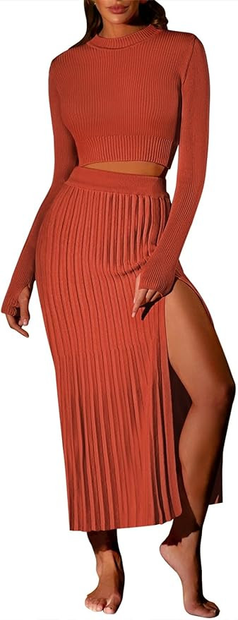 Pink Queen Women's 2 Piece Sweater Outfits Set Long Sleeve Crop Top Ribbed Split Bodycon Midi Lon... | Amazon (US)