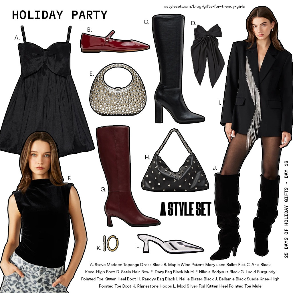 25 DAYS OF HOLIDAY GIFTS 🖤 day 16 - holiday party looks!! Guaranteed to make you best dressed at your upcoming holiday parties, we recommend burgundy shoes, bow details, studs, and sparkles. More gift ideas & all links to shop on astyleset.com/blog/gifts-for-trendy-girls

#holidayparty #holidayoutfits 

#LTKParties #LTKHoliday #LTKGiftGuide
