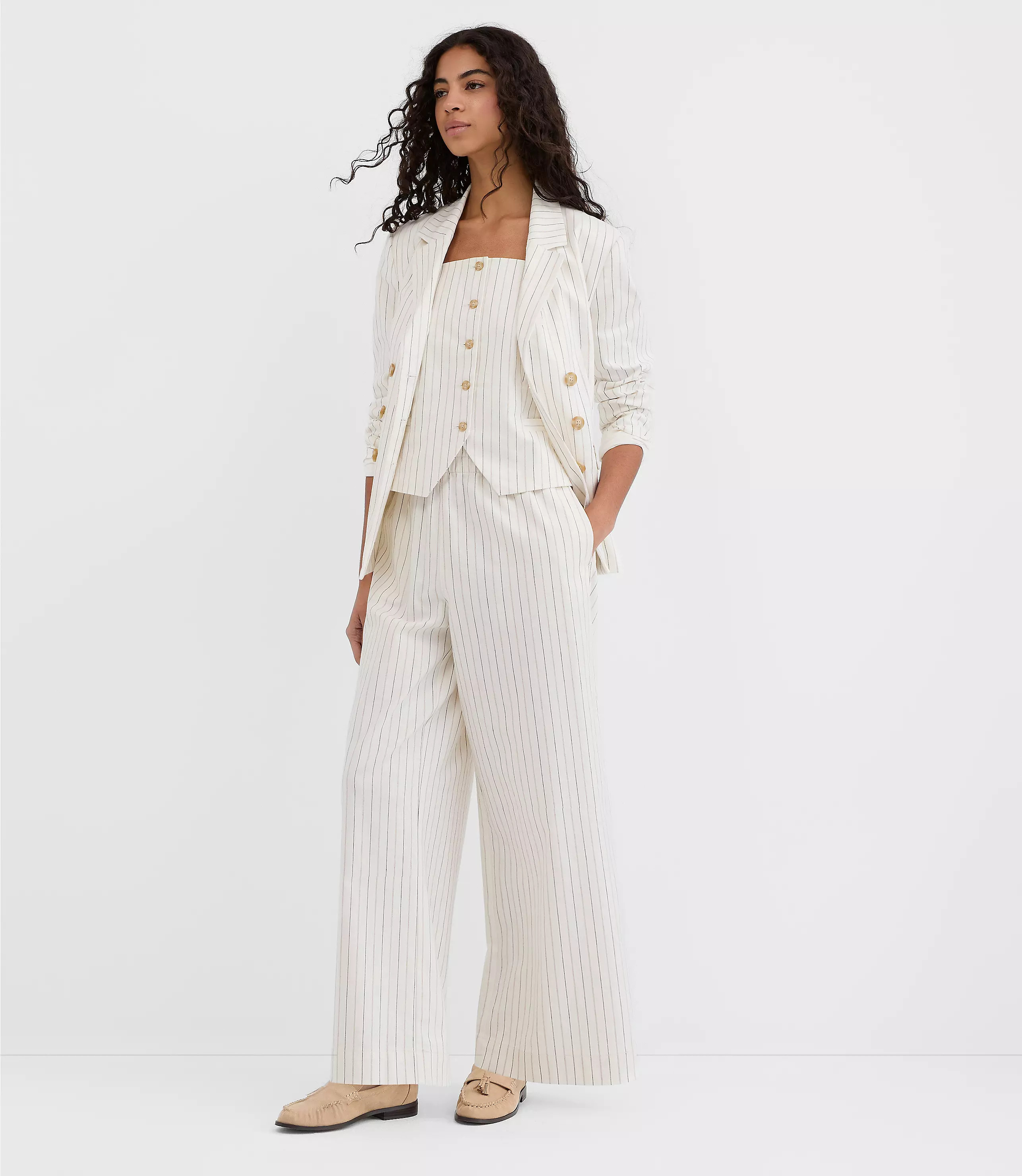Petite Pull On Wide Leg Pants in Pinstripe Cotton Linen | LOFT