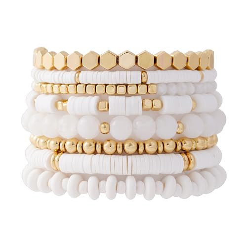 GOOJIDS White Surfer Heishi Clay Bead Bracelets for Women Bohemian Stackable Gold Plated Beaded Stretch Bracelets Elastic Layering Friendship White Bracelets Set Boho Jewelry | Amazon (US)