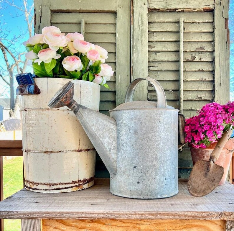 Wonderful Vintage Galvanized Metal Watering Can With Rusty Original Sprinkler Spout Garden Décor... | Etsy (US)
