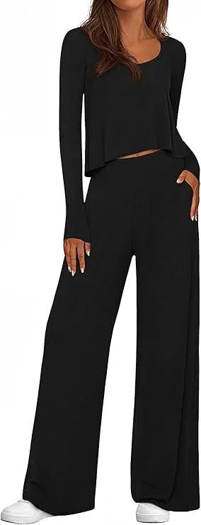 PRETTYGARDEN Women's 2 Piece Fall Sets Casual Long Sleeve Shirts Wide Leg Pants Lounge Travel Out... | Walmart (US)