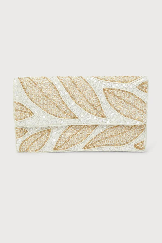 Getaway Glamour Ivory Beaded Sequin Leaf Clutch | Lulus (US)