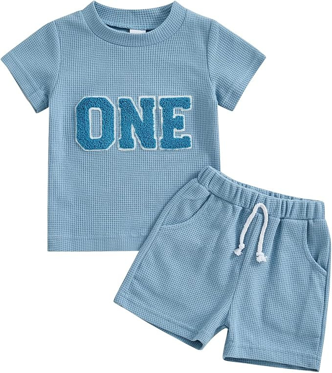 Lamuusaa Toddler Baby Boy Birthday Outfit One/Two Letter Embroidery T-shirt Jogger Shorts Waffle ... | Amazon (US)